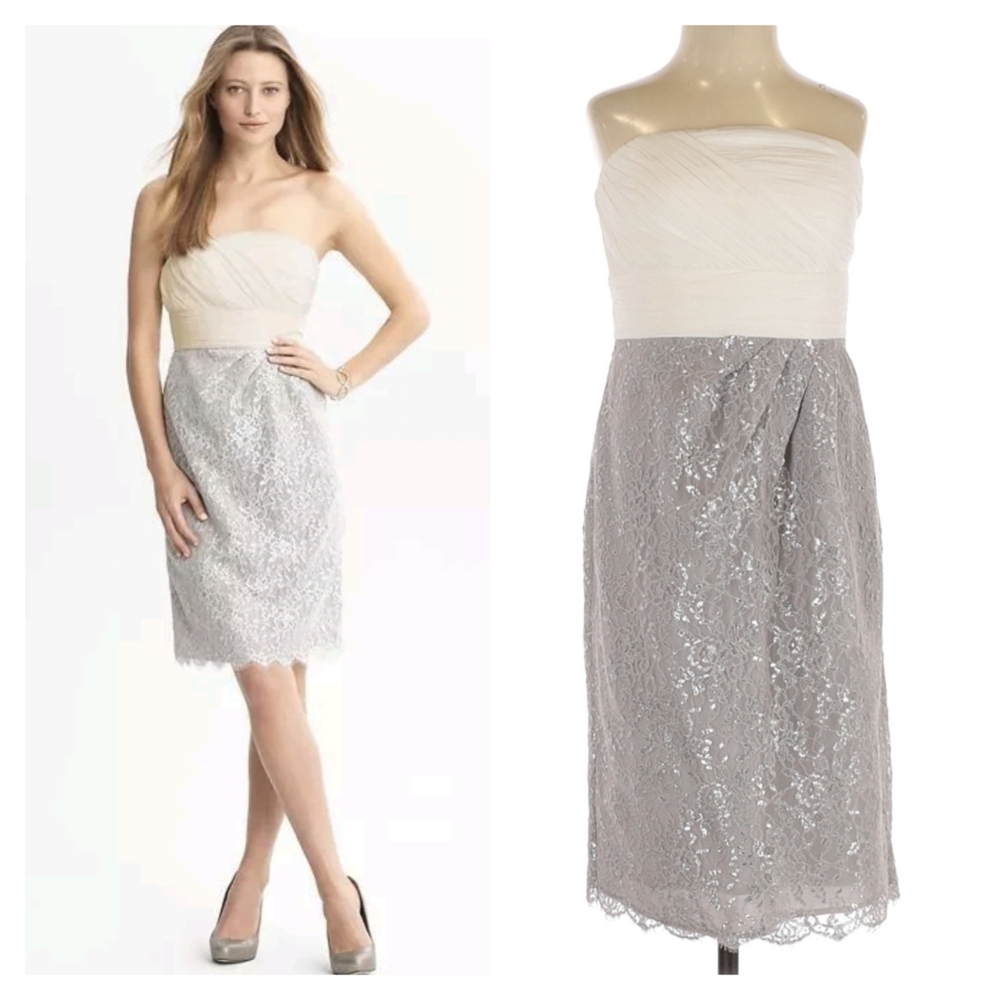 Banana Republic Silver Ivory Lace Strapless Cocktail Dress XS